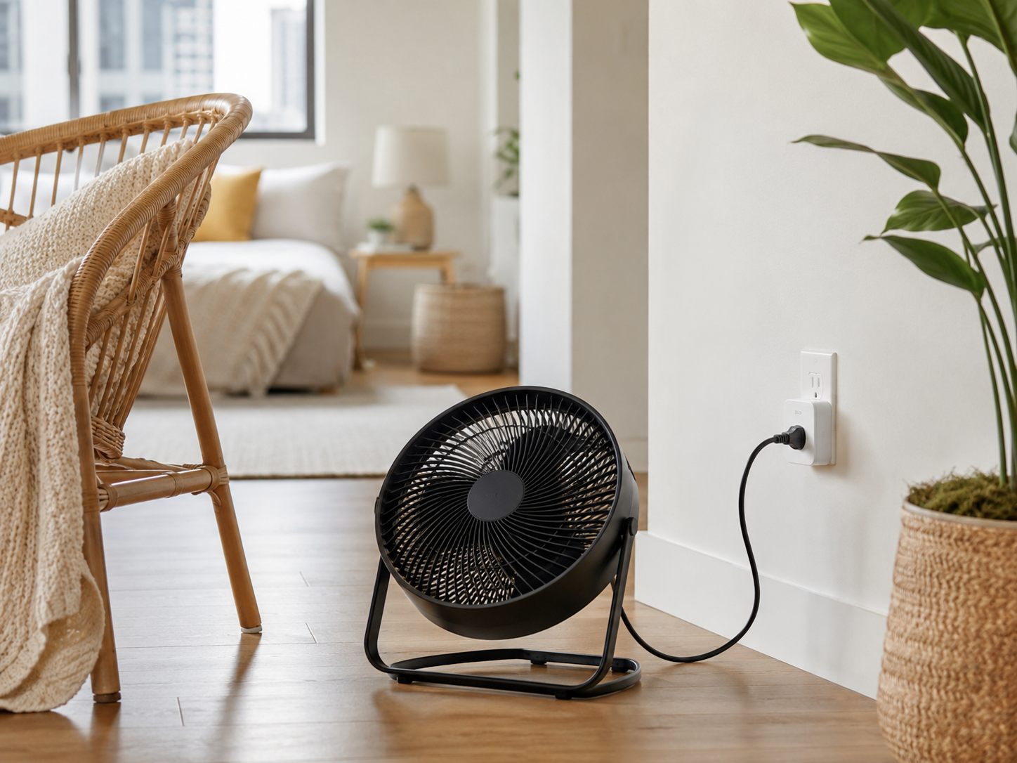 Smart plug controlling a floor fan in a bright room with a window and warm wood flooring.