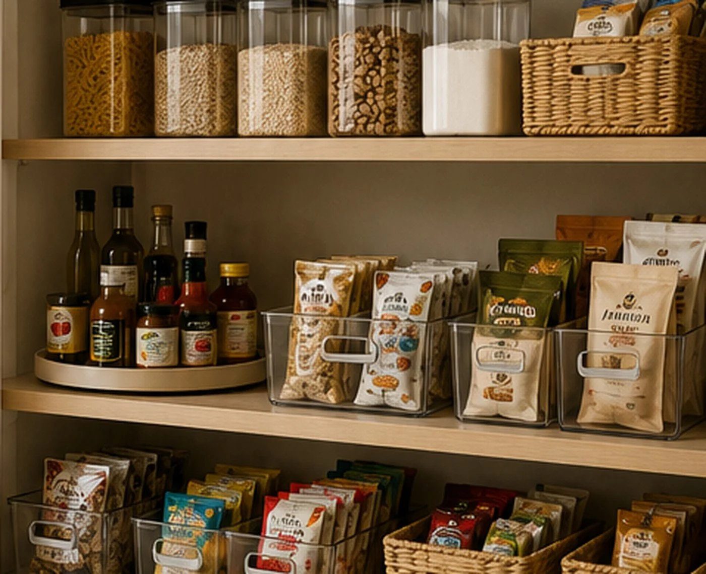 Organized pantry shelves with clear containers, woven baskets, snack bins, bottles, and dry goods arranged in a warm neutral kitchen pantry.