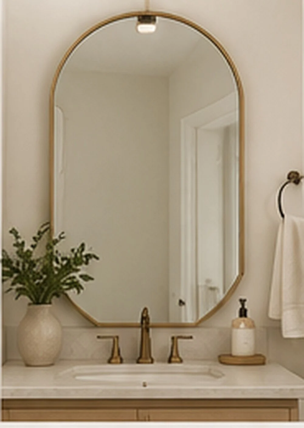Bathroom vanity with a round framed mirror, brass faucet, towel ring, and small plant.