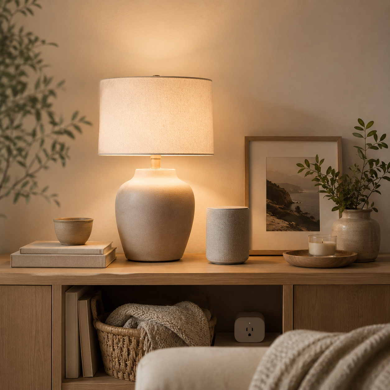 Warm console table with a ceramic lamp, smart speaker, smart plug, framed art, books, greenery, and cozy neutral decor.