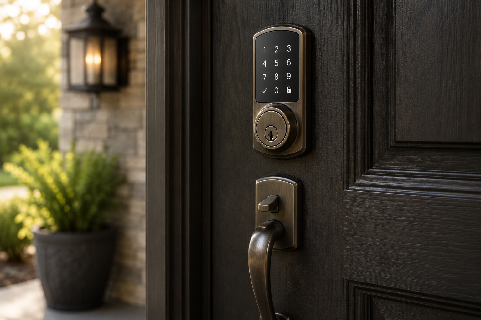Smart lock with a traditional bronze finish and keypad installed on a dark front door.