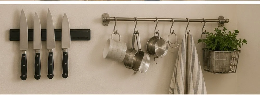Kitchen wall with magnetic knife strip, hanging rail, mugs, measuring cups, dish towel, and mounted basket.