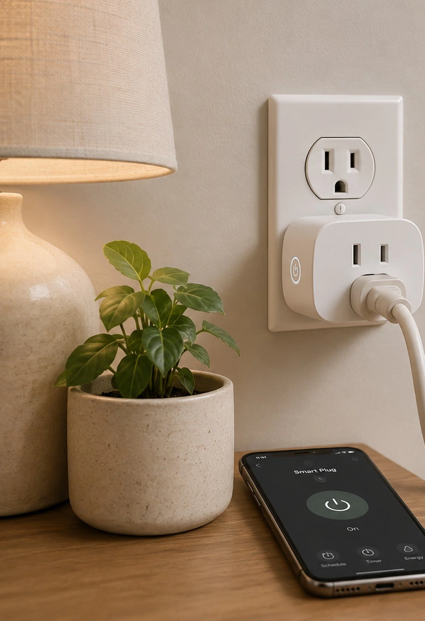 Smart plug connected to a lamp in a warm neutral room with a side table, plant, and phone nearby.
