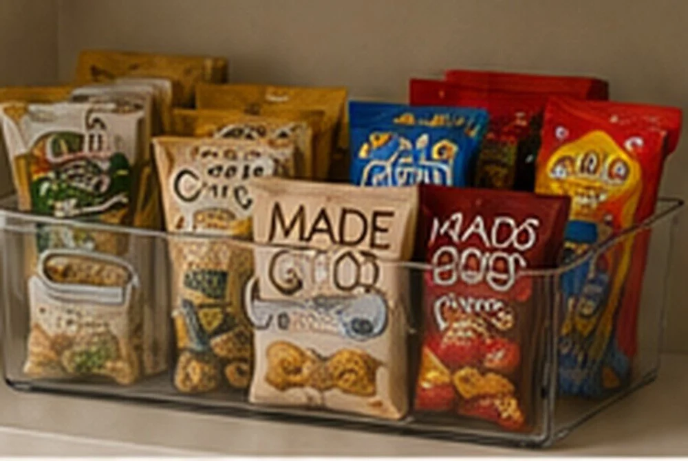 Clear pantry bins filled with snack bags, bars, crackers, and grab-and-go foods.