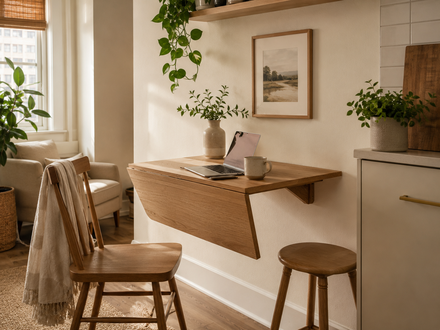 Small wall-mounted drop-leaf table with a chair and coffee mug, creating a compact dining or work surface in a small space.