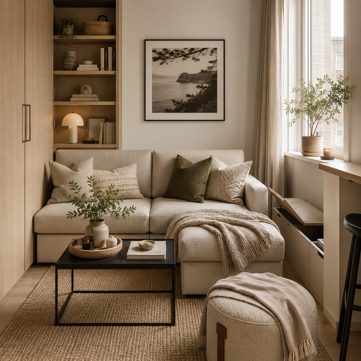 Cozy small living room with neutral furniture, layered pillows, built-in storage, plants, and warm natural light.