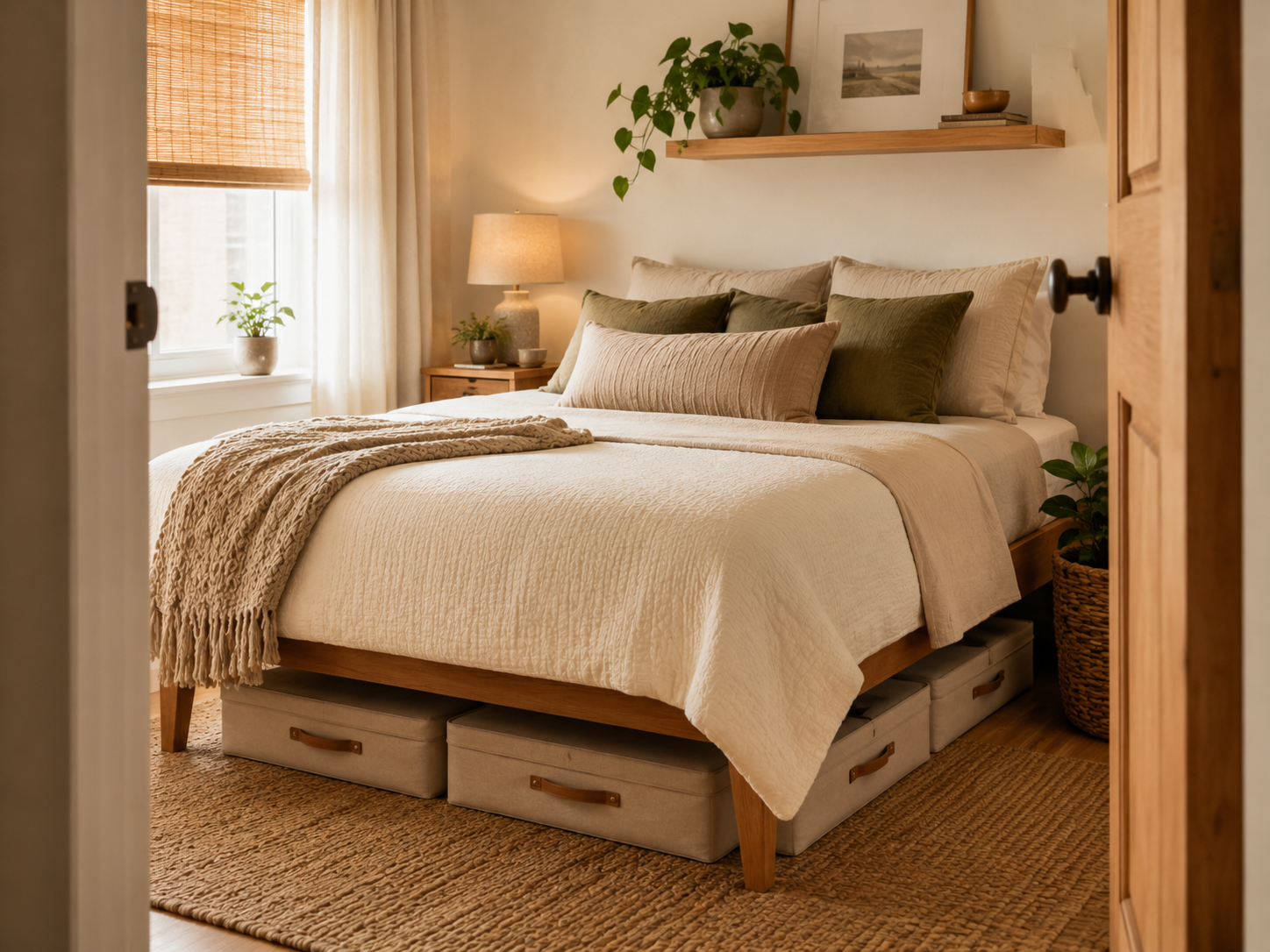Under-bed storage containers used to organize extra linens and seasonal items in a small bedroom.
