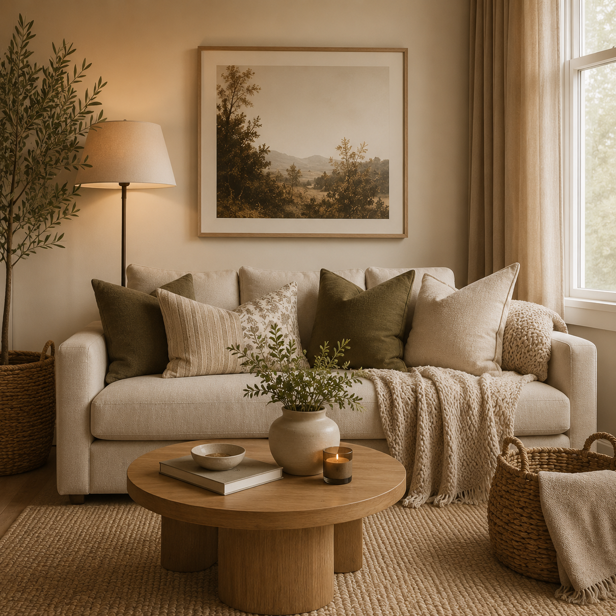 Cozy neutral living room with layered pillows, warm lighting, framed wall art, greenery, woven baskets, and a styled coffee table.