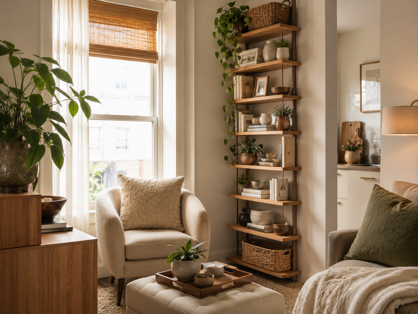 Tall vertical shelving unit styled with baskets, books, plants, and decor to add storage without taking up much floor space.