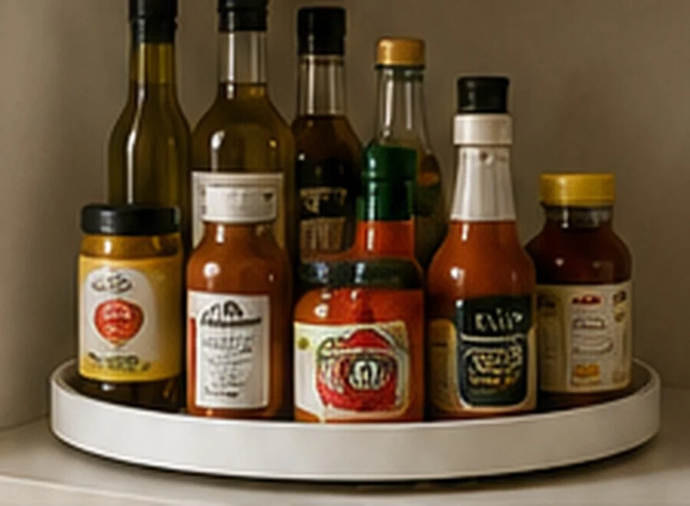 Pantry turntable holding oils, sauces, condiments, and small bottles on a deep shelf.