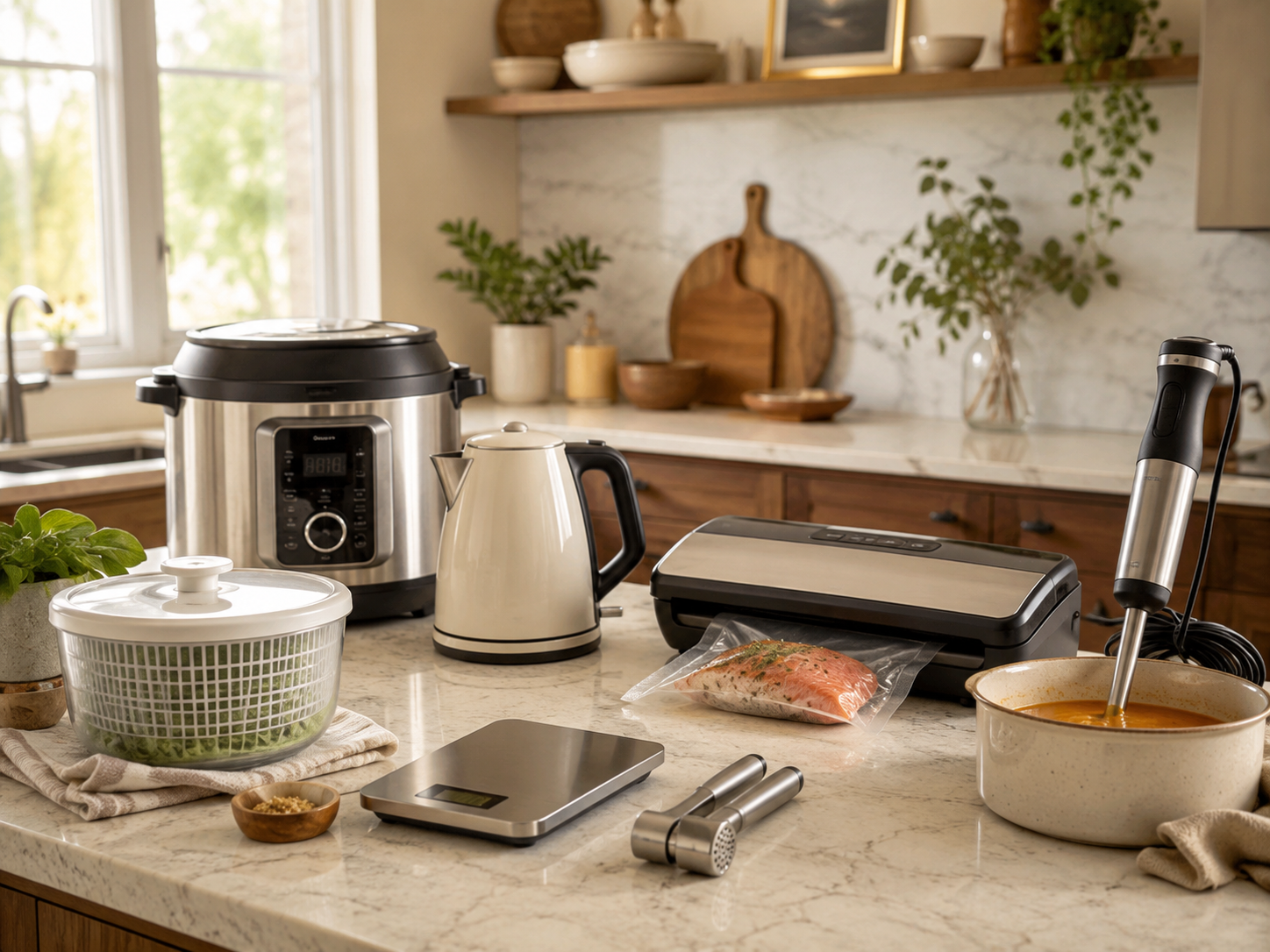 Kitchen counter with several useful kitchen gadgets including a countertop cooker, electric kettle, vacuum sealer, salad spinner, digital kitchen scale, garlic press, and immersion blender.