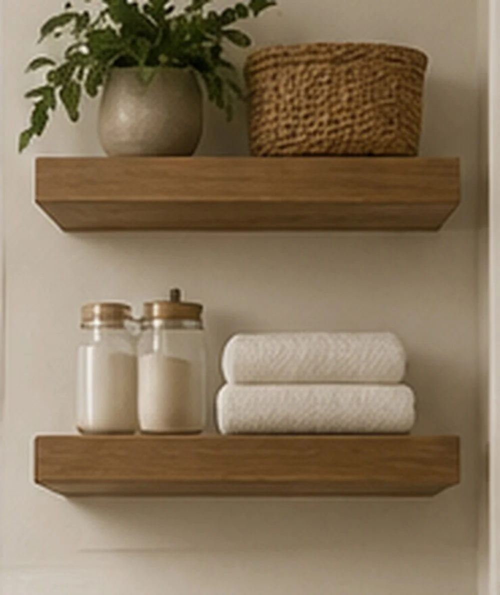 Bathroom floating shelves with folded towels, glass jars, a woven basket, and a small plant.
