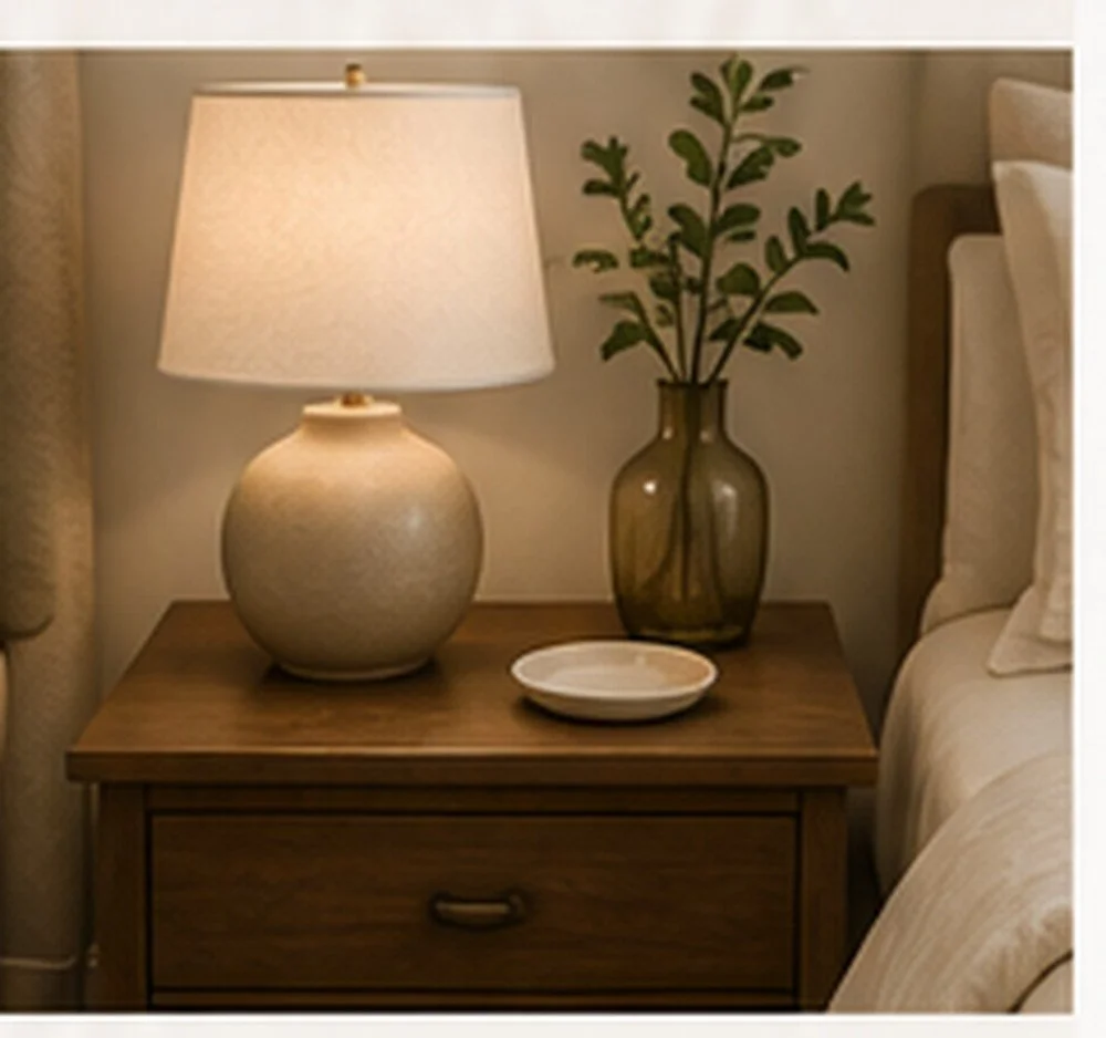 Simple wooden nightstand with a warm lamp, small dish, vase with greenery, and minimal clutter.