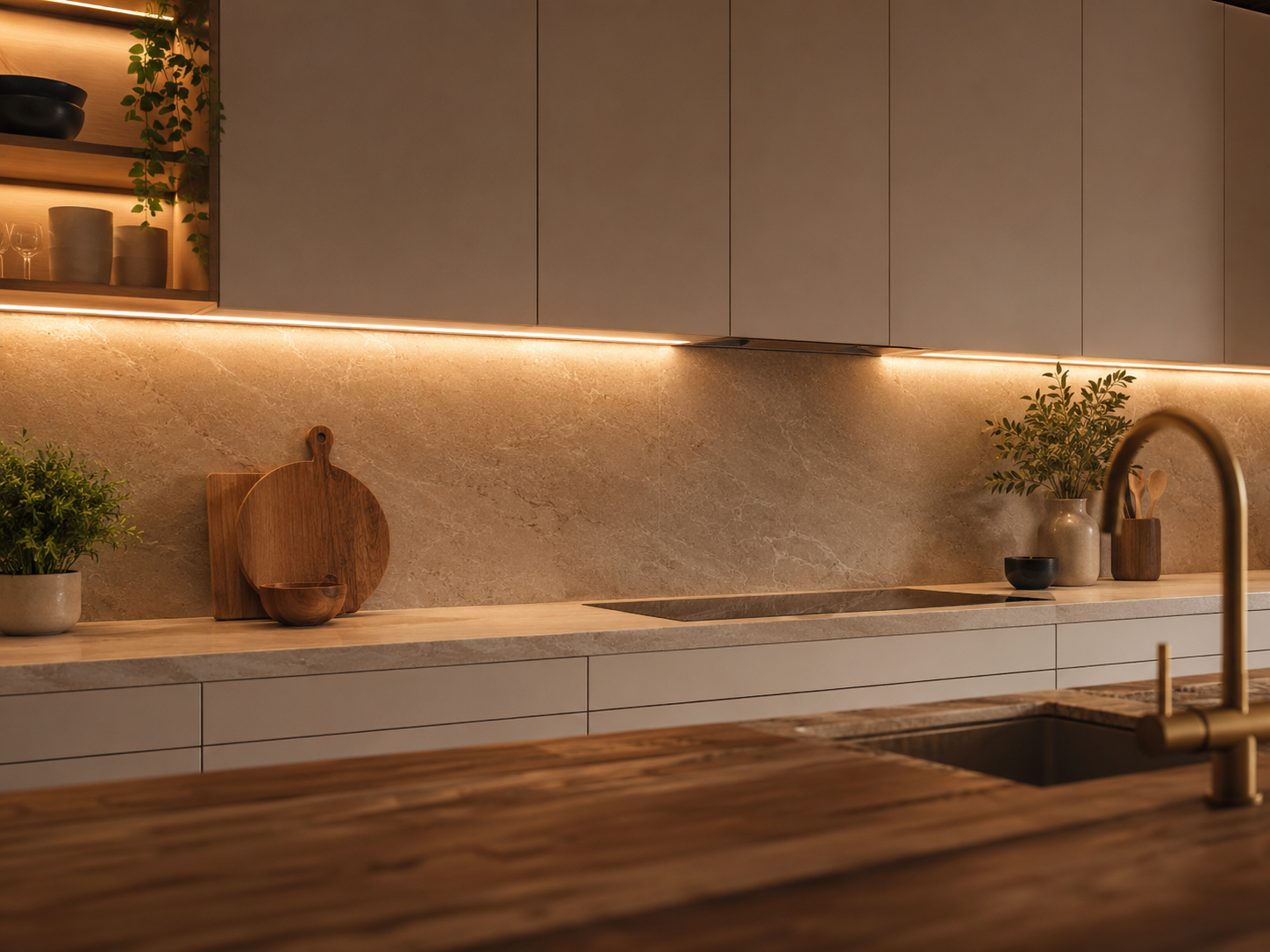 Warm under-cabinet lighting illuminating a kitchen counter with plants, tile backsplash, and cutting boards.