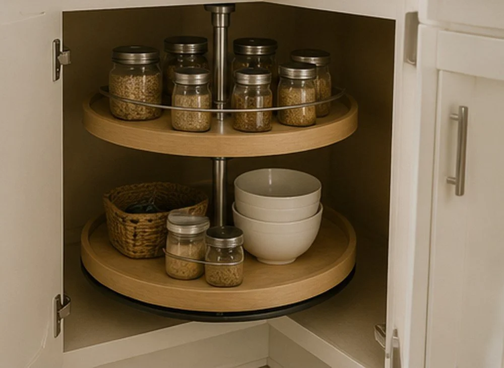 Corner kitchen cabinet with a two-tier lazy Susan holding jars, bowls, and pantry items.