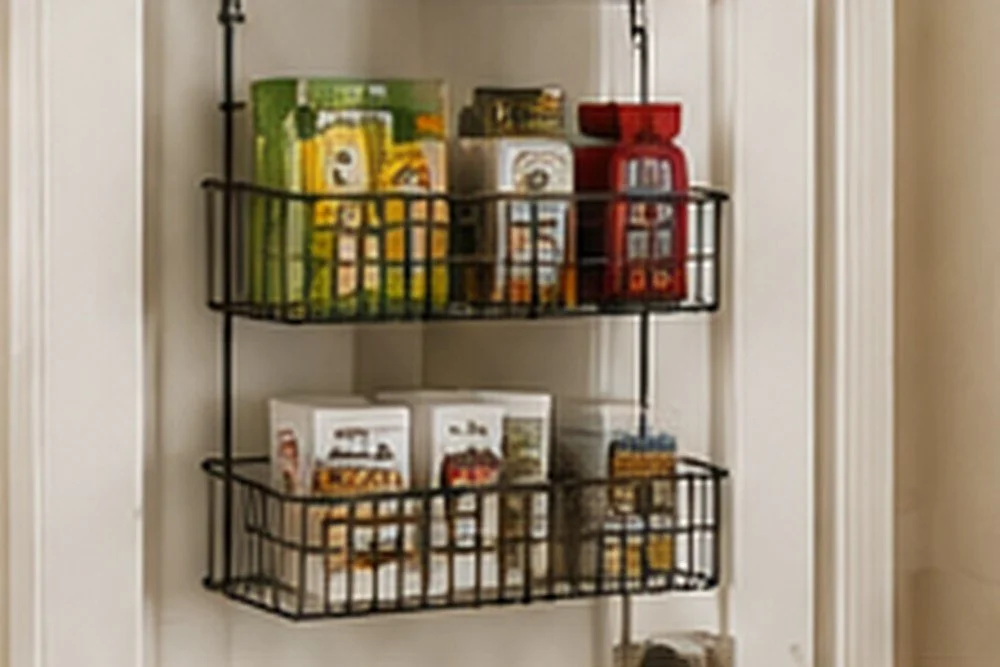 Over-the-door pantry rack with baskets holding snacks, packets, and small pantry items.