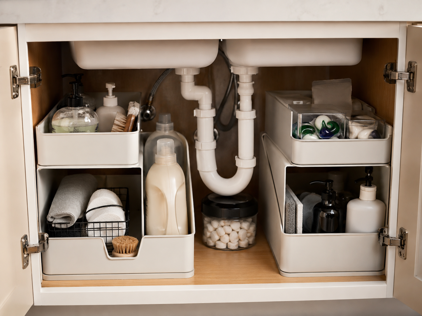 Under-sink cabinet with pipe-friendly storage caddies arranged around plumbing and filled with cleaning bottles, brushes, towels, and household supplies.