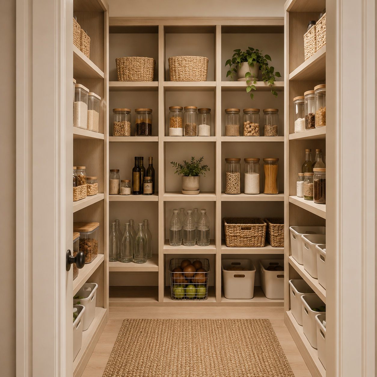 Organized pantry with clear storage jars, woven baskets, labeled bins, plants, and warm wood shelving.