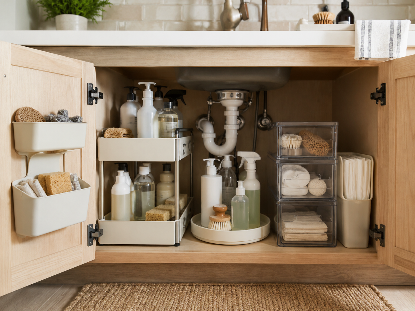 Open under-sink cabinet with plumbing, sliding organizers, cleaning bottles, door storage, clear bins, and neatly arranged household supplies.