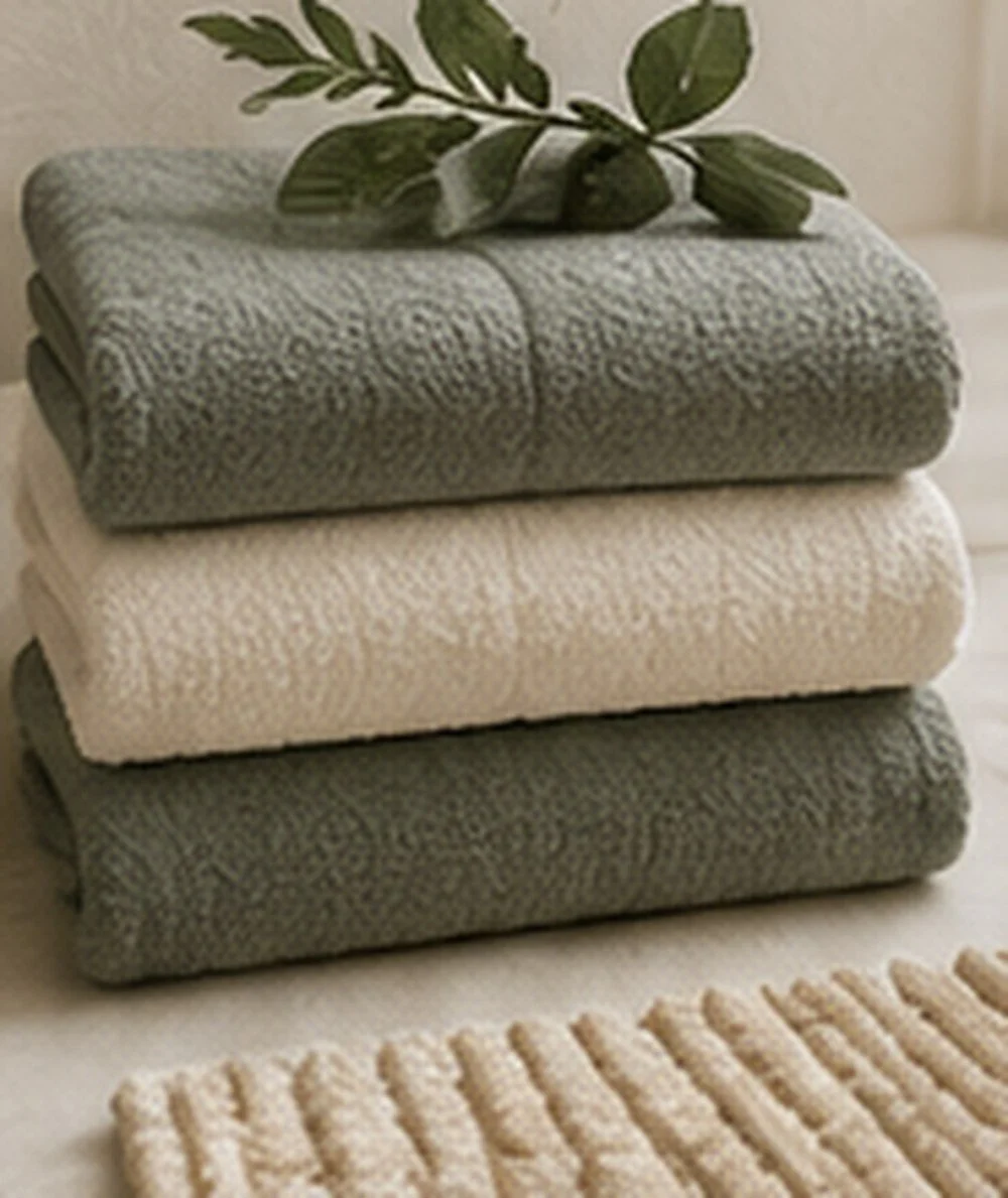 Stack of coordinating bathroom towels with a textured bath mat and greenery.