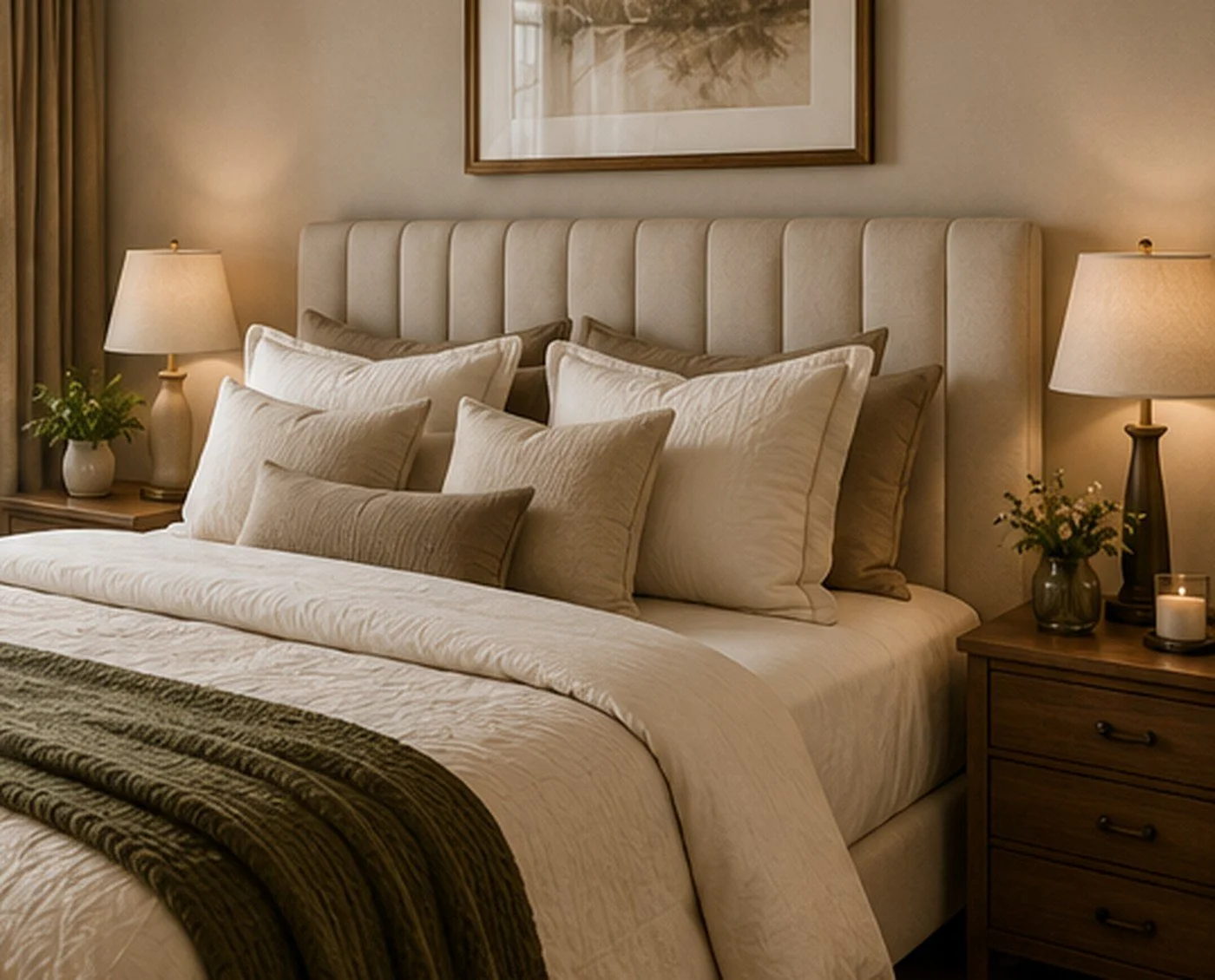 Luxurious neutral bedroom with layered bedding, upholstered headboard, bedside lamps, heavy curtains, and a textured throw blanket.