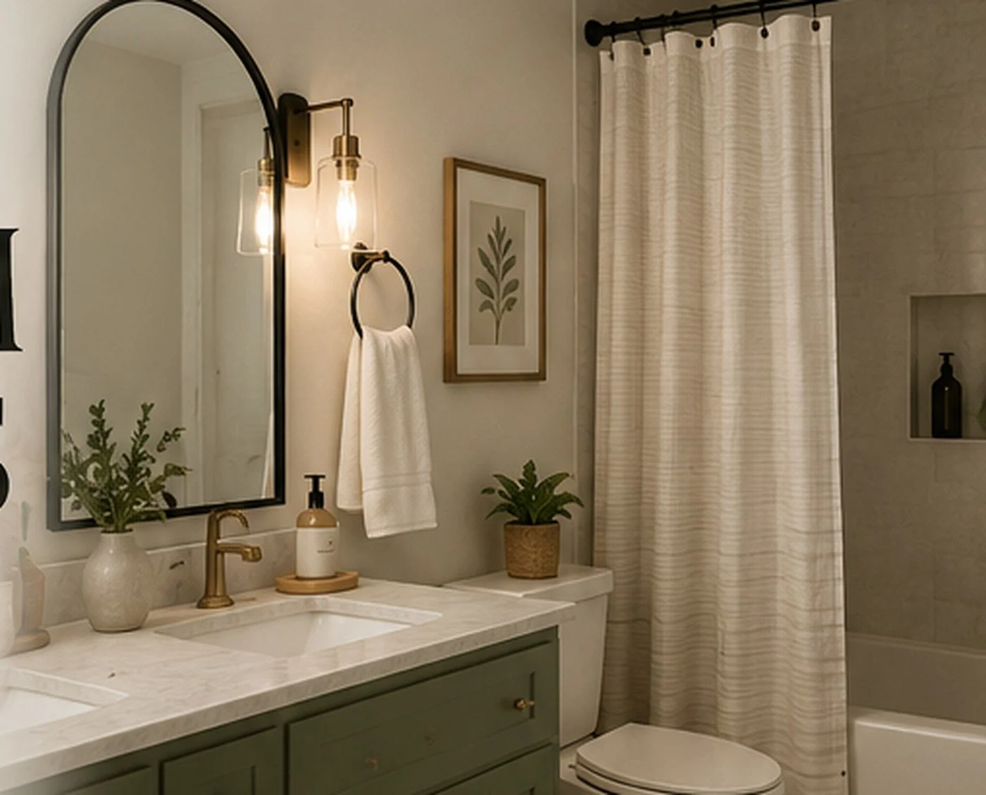 Neutral bathroom with a framed mirror, updated vanity lighting, green vanity, brass hardware, and a simple shower curtain.