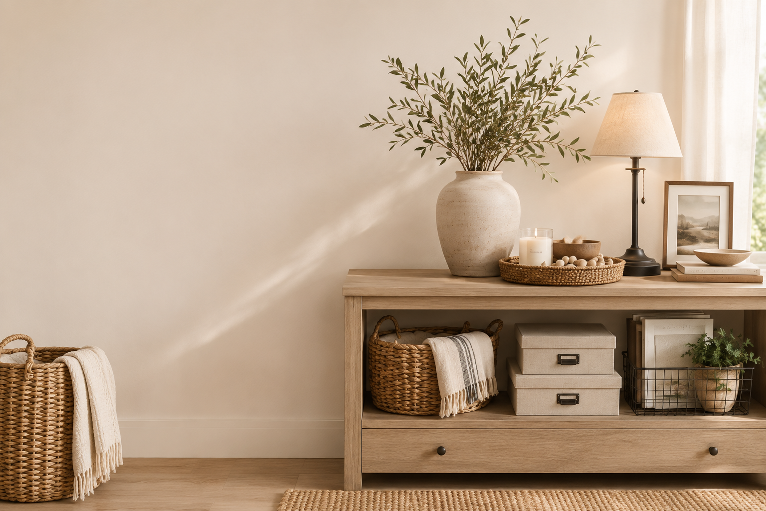Cozy neutral home decor vignette with a wood console table, woven baskets, storage boxes, greenery, lamp, candle, and practical organization finds for a Shop the Finds page.