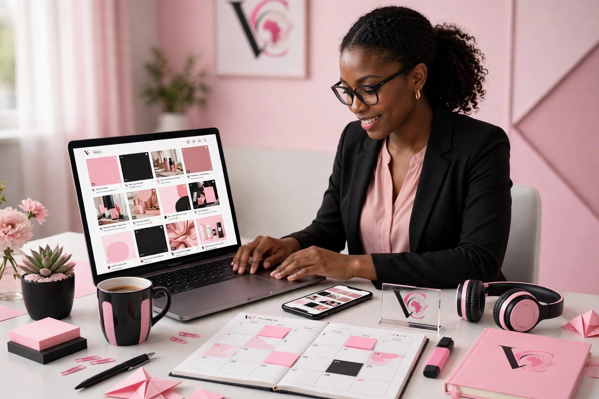 Virtual assistant designing social media posts and a content calendar