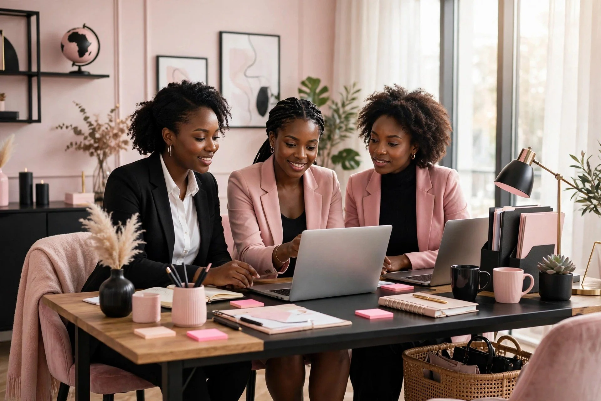 Faith-driven virtual assistant team collaborating in an elegant workspace