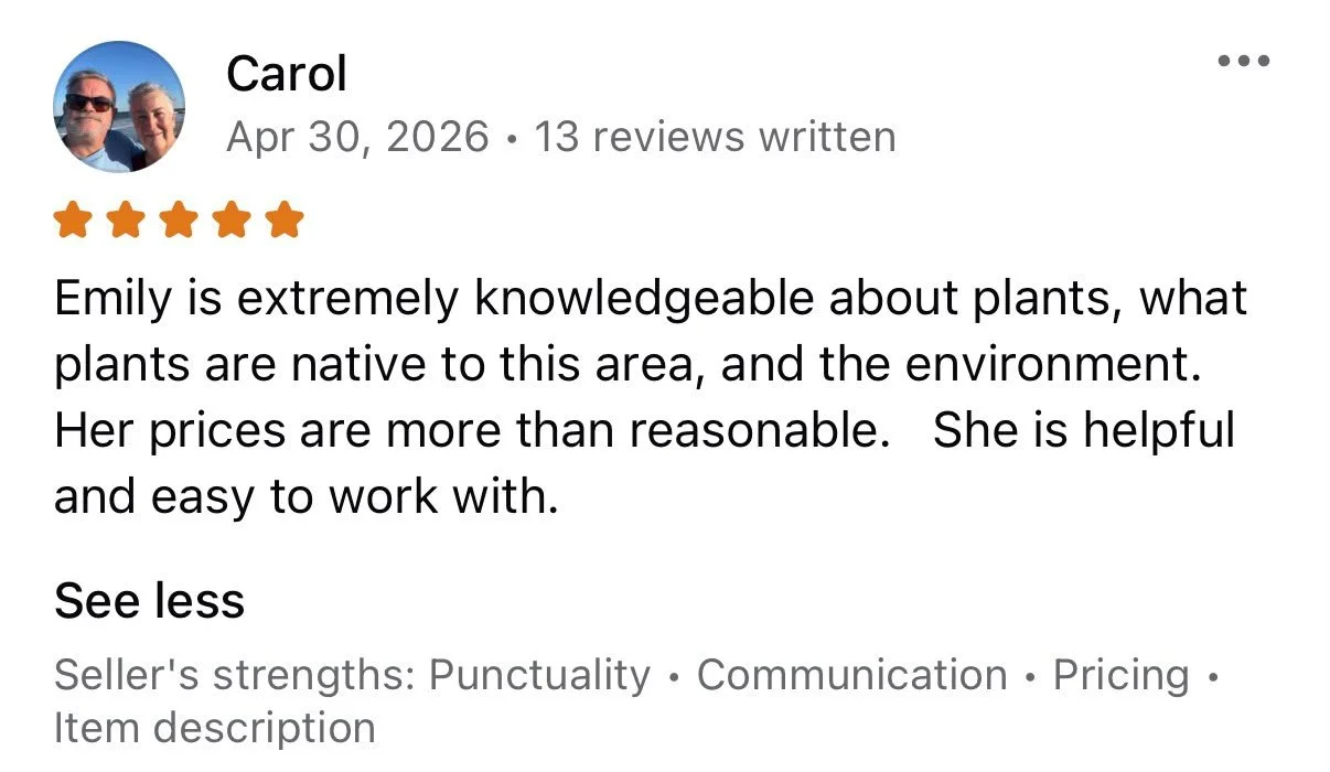 A customer review on a platform with a profile picture of a man and woman, five stars, and the review praising Emily's knowledge and helpfulness about plants.