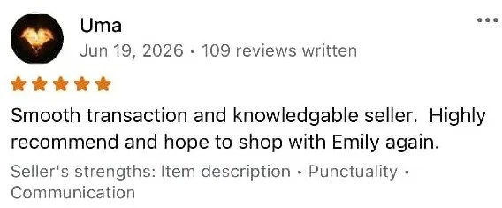 Online customer review from Uma, dated June 19, 2026, with a 5-star rating, praising a smooth transaction, knowledgeable seller, and recommending shopping with Emily again.