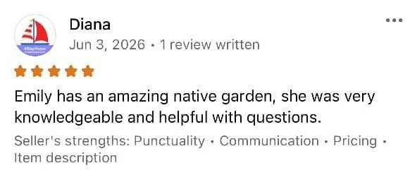 Screenshot of a product review by Diana from June 3, 2026, featuring a five-star rating and positive comments about Emily's native garden knowledge and helpfulness.