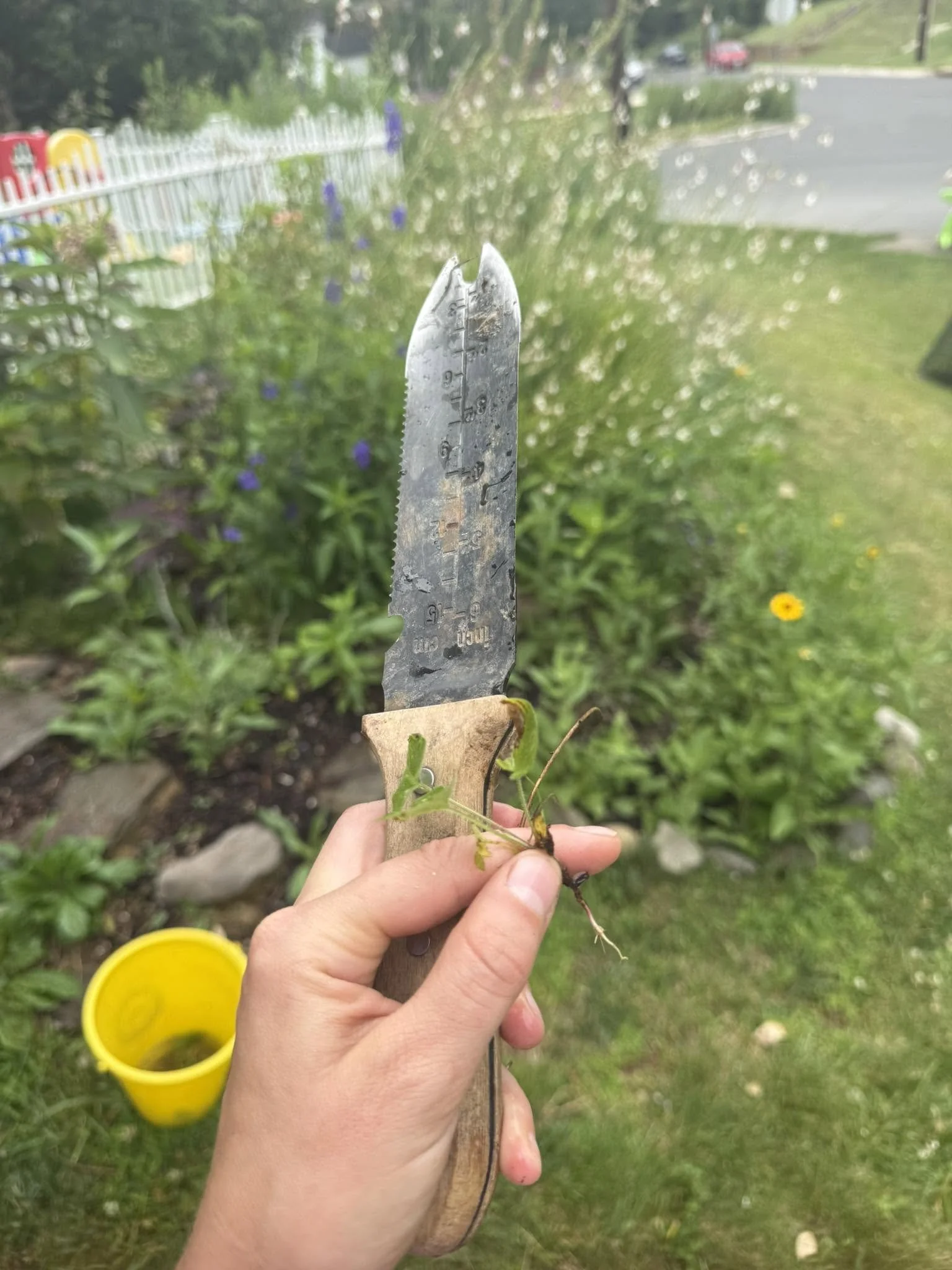 A person holding a gardening trowel with a small plant and roots in a garden with a yellow bucket in the background.