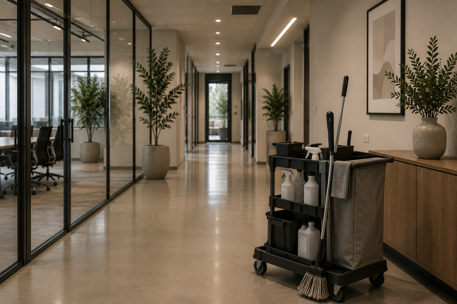 Vacuum and cleaning supplies cart in a modern office hallway with glass-walled conference rooms and large potted plants.