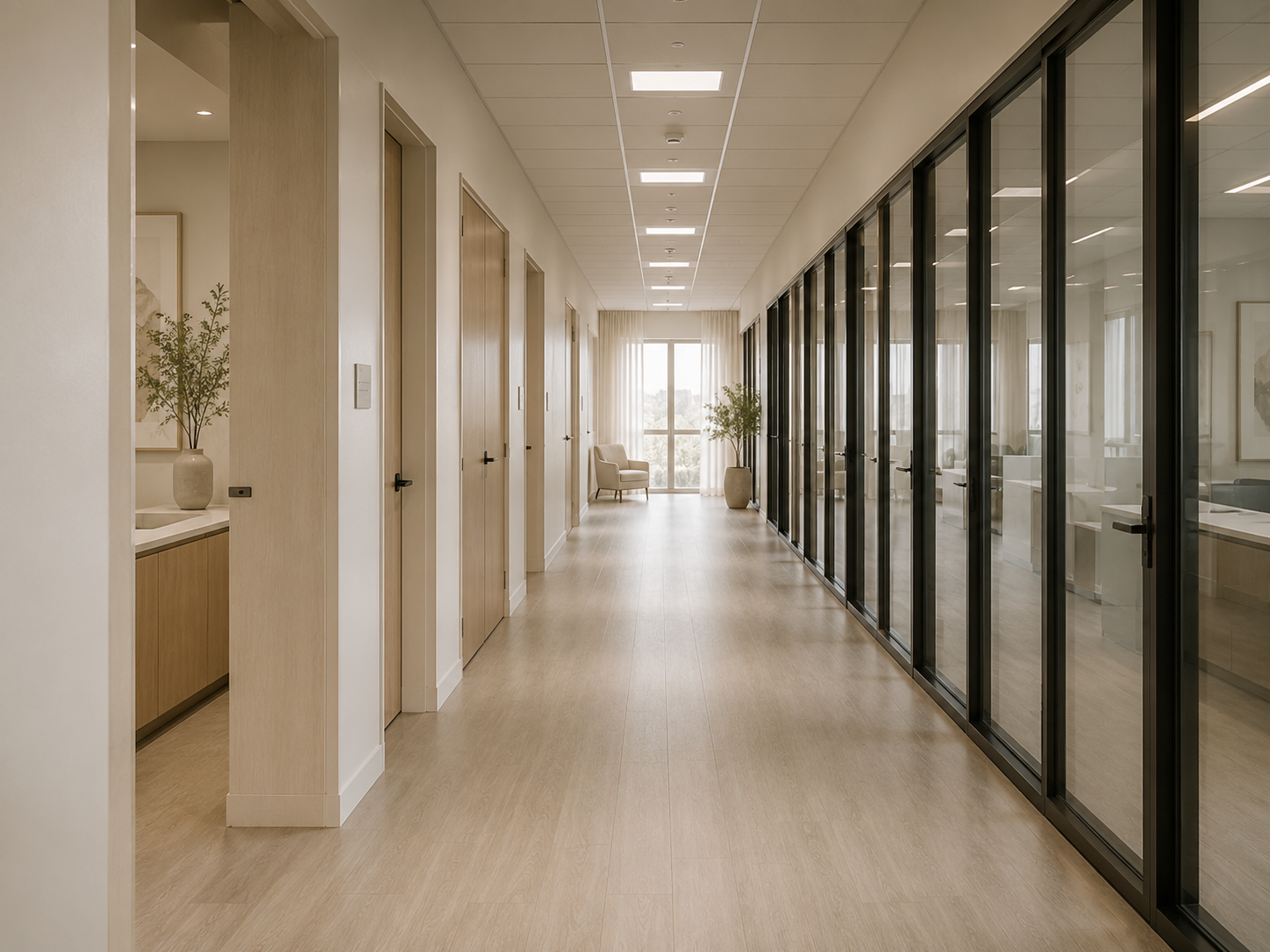 Bright office corridor with wooden flooring, glass-walled meeting rooms on the right, beige walls, and a seating area with chairs and potted plants at the end of the hall.