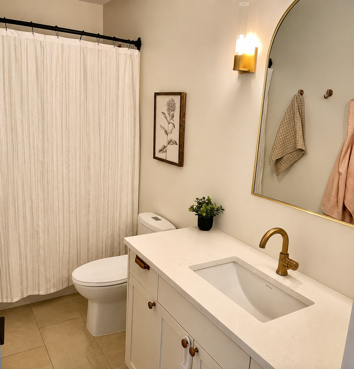 A modern bathroom with a white vanity, gold faucet, large mirror, toilet, beige curtains, framed botanical art, and beige towels on hooks.