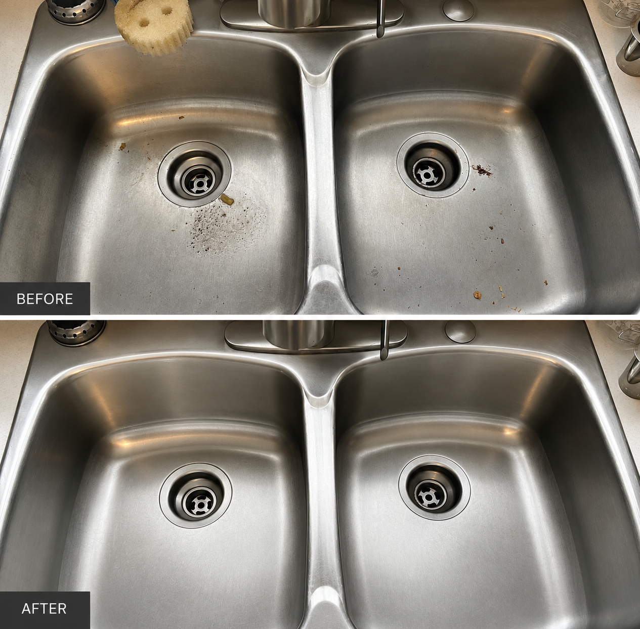 Comparison image of a stainless steel kitchen sink before and after cleaning. The 'before' shows dirt, crumbs, and stains, while the 'after' displays a spotless, shiny sink.