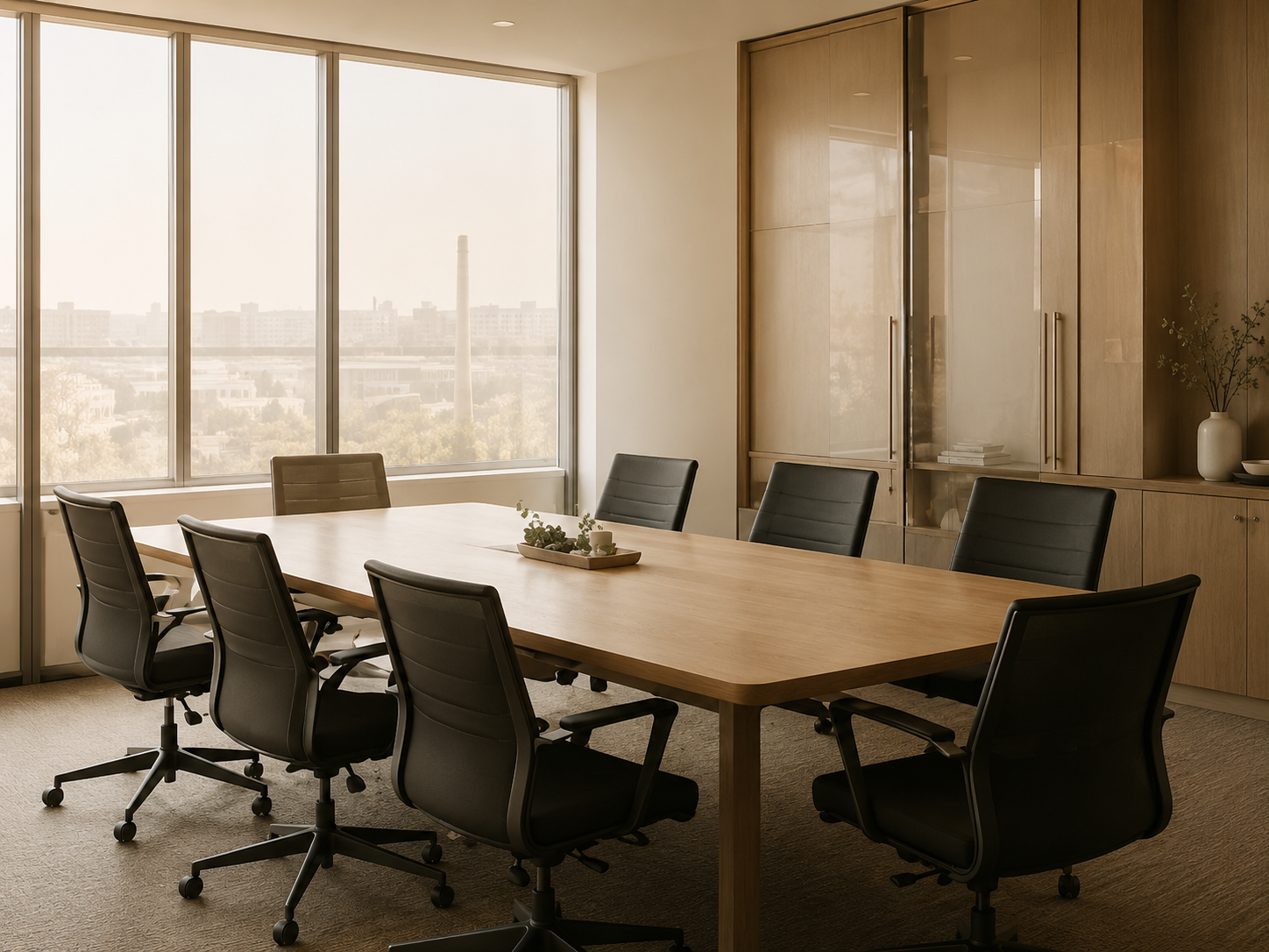A modern conference room with a large wooden table, eight black office chairs, large windows with a city view, and wooden cabinets with decorative items.