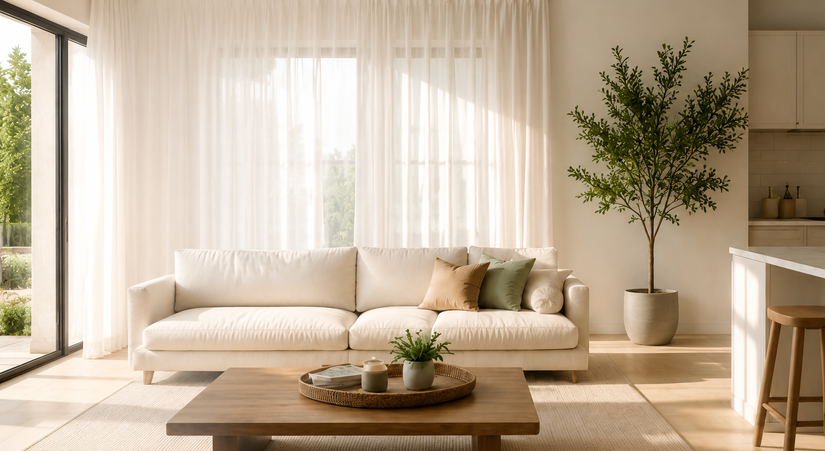 Bright living room with a white sofa, beige and green pillows, a wooden coffee table with a plant and decorative items, large windows with sheer curtains, and a tall potted plant in the corner.