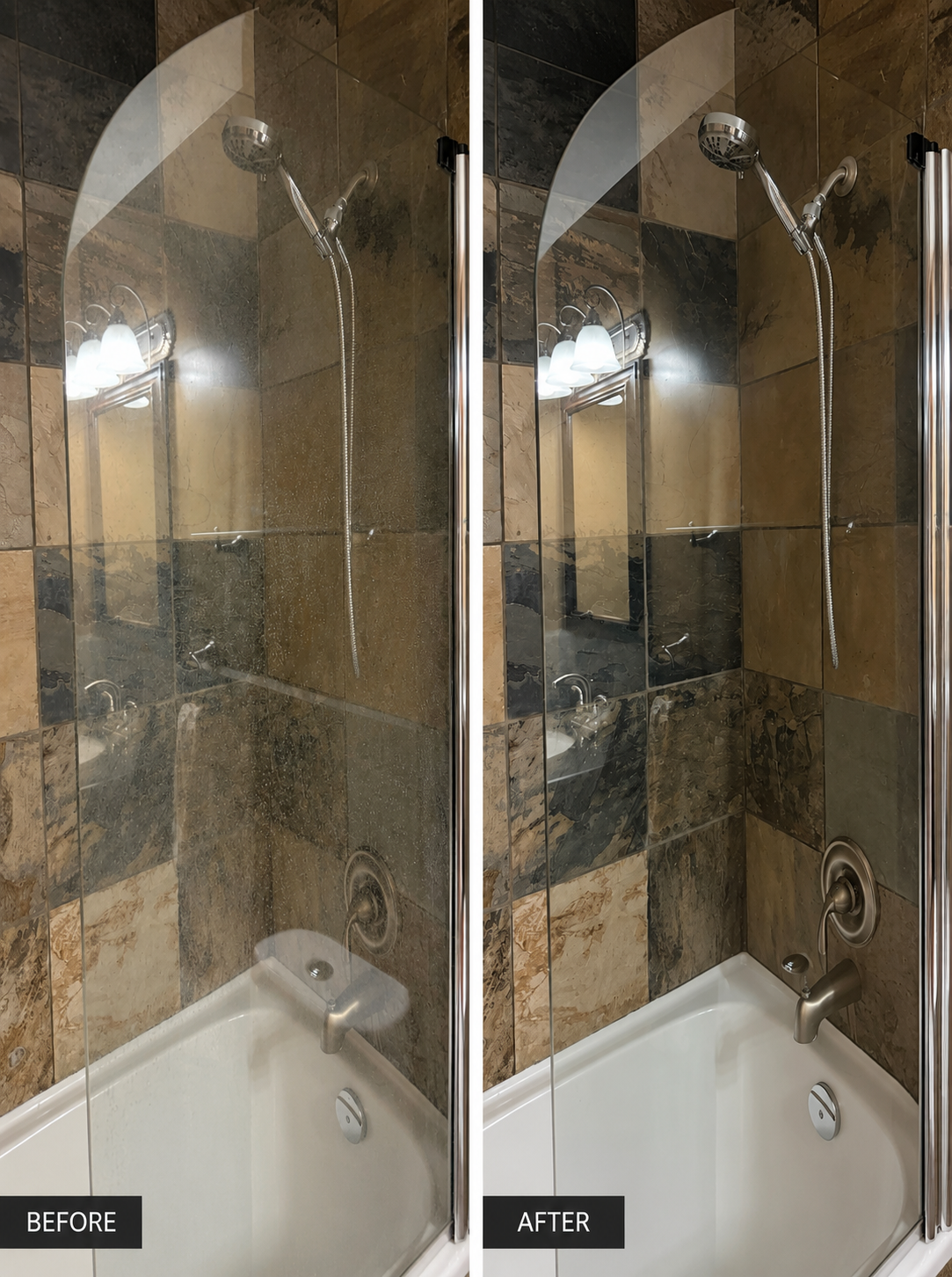 Side-by-side comparison of a shower stall before and after cleaning, with dirty glass on the left and clean glass on the right.