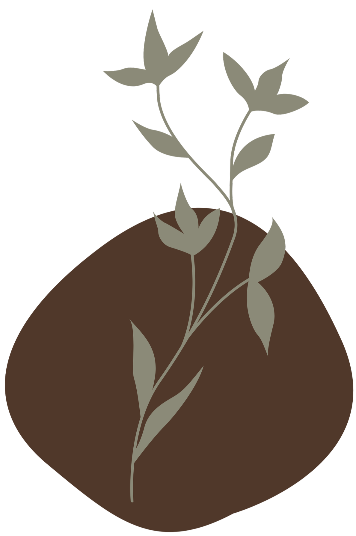 Minimalist illustration of a plant with leaves growing from soil, against a black background.