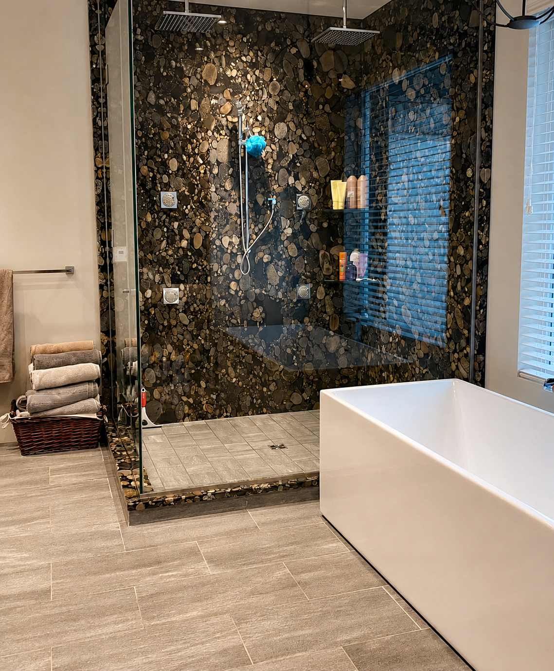 Modern bathroom with a tiled walk-in shower featuring a dark, pebble-like pattern and a built-in shelf with toiletries, a white bathtub, and a basket of folded towels beside the shower.