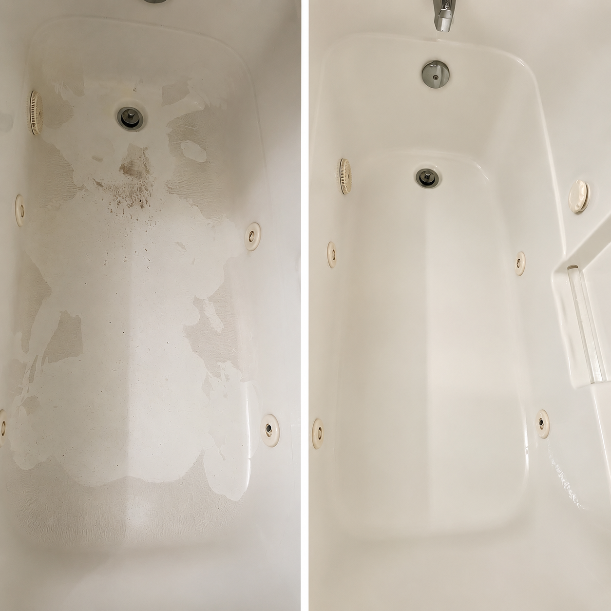 Side-by-side comparison of a bathtub before and after cleaning. The left side shows a dirty, stained bathtub with soap scum and grime. The right side shows the same bathtub thoroughly cleaned, looking white and shiny.