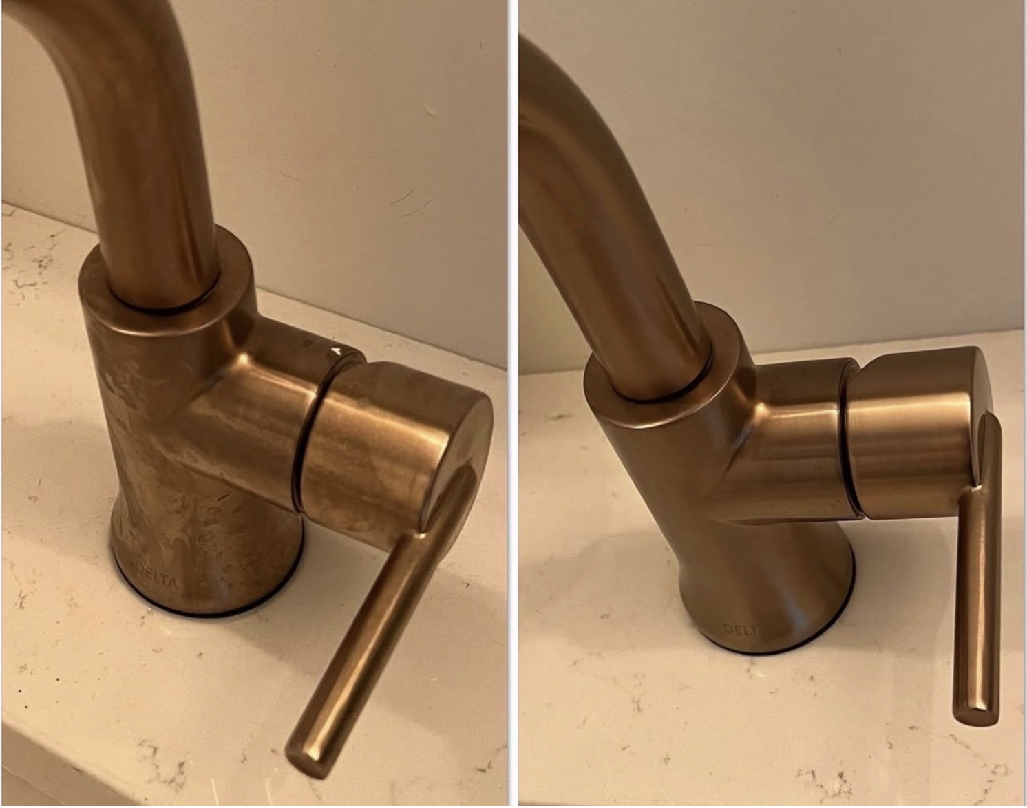 Side-by-side comparison of two gold-colored kitchen faucets mounted on a white countertop, with the left faucet appearing dirty and worn, and the right faucet looking clean and polished.