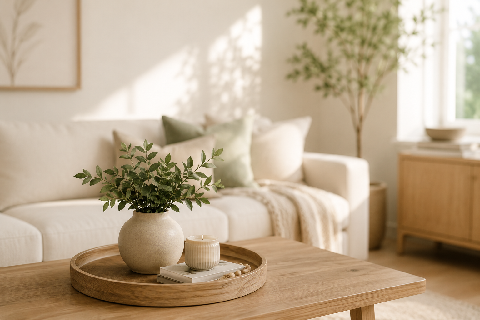 A cozy living room with a white sofa adorned with pillows, a wooden coffee table with a vase of green leaves, a candle, and a small stack of books. In the background, there is a large window, a tall indoor plant, and a wooden cabinet.