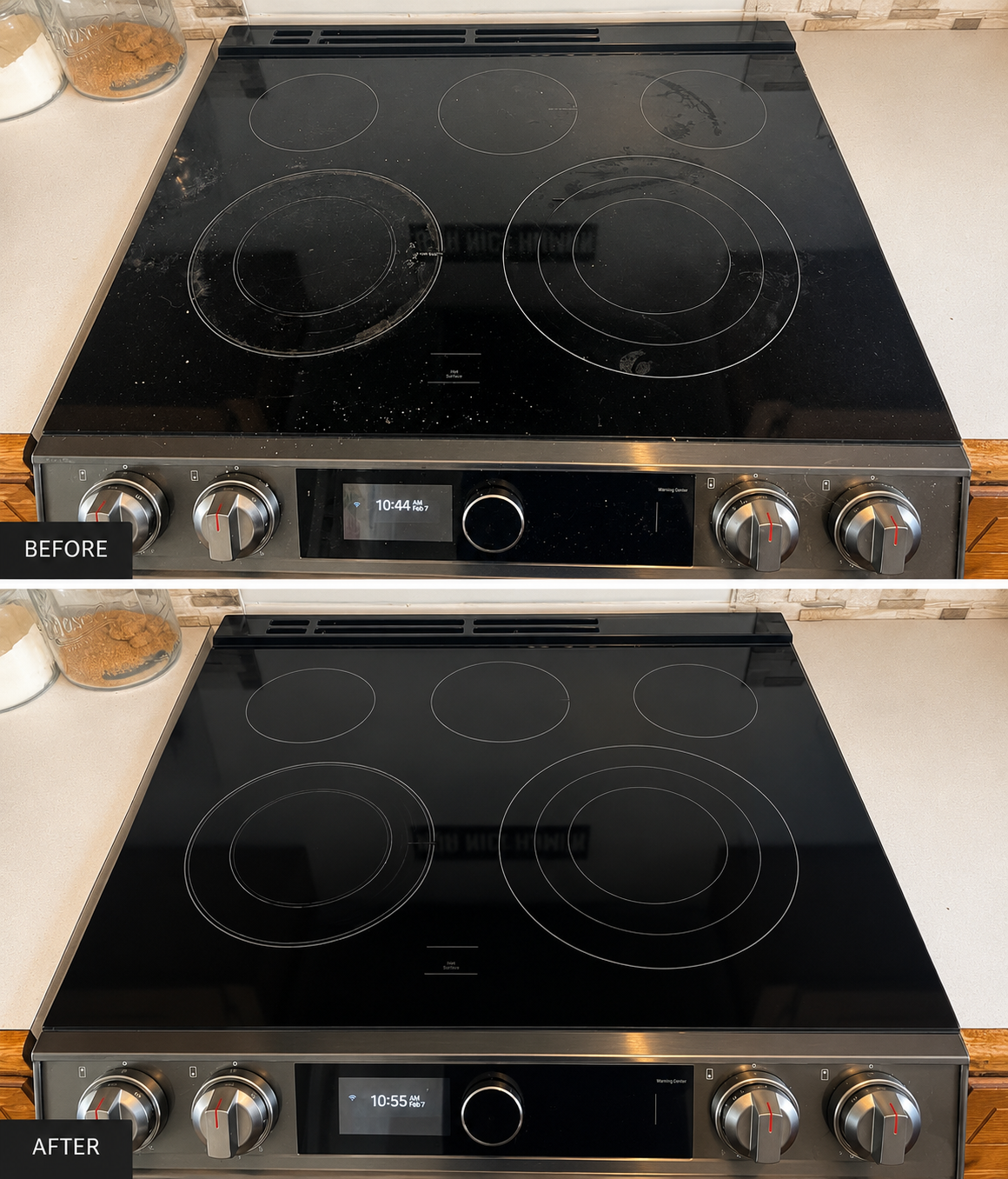 Comparison of a black glass electric stove, dirty with visible grime in the before image and clean and shiny in the after image.