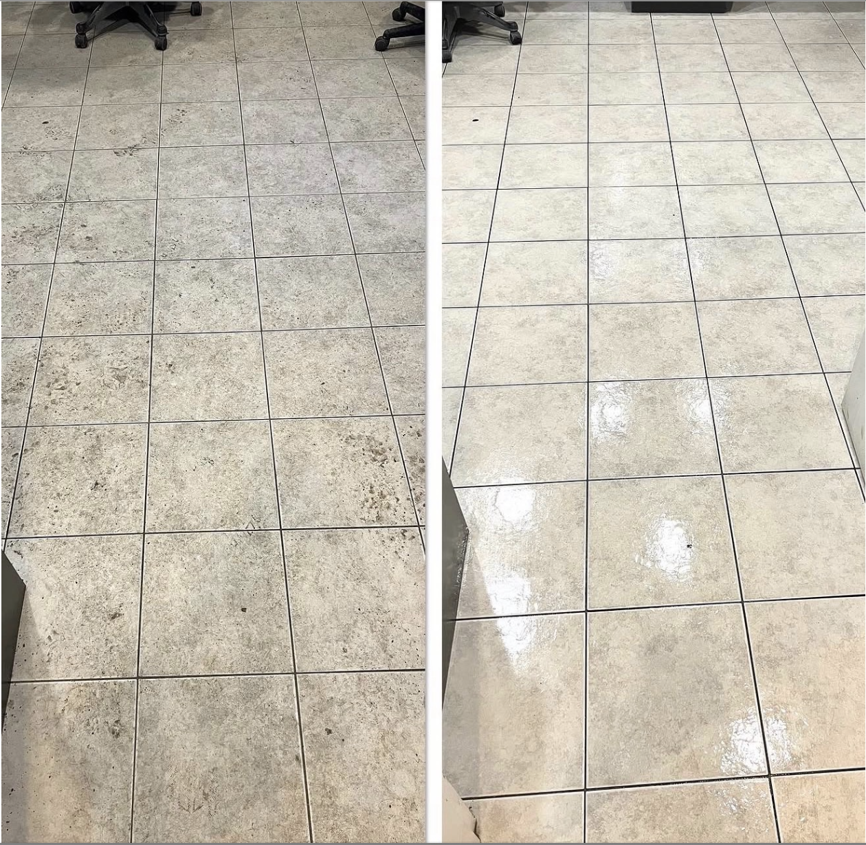 Comparison of a tiled floor before and after cleaning, showing dirt and grime removal.