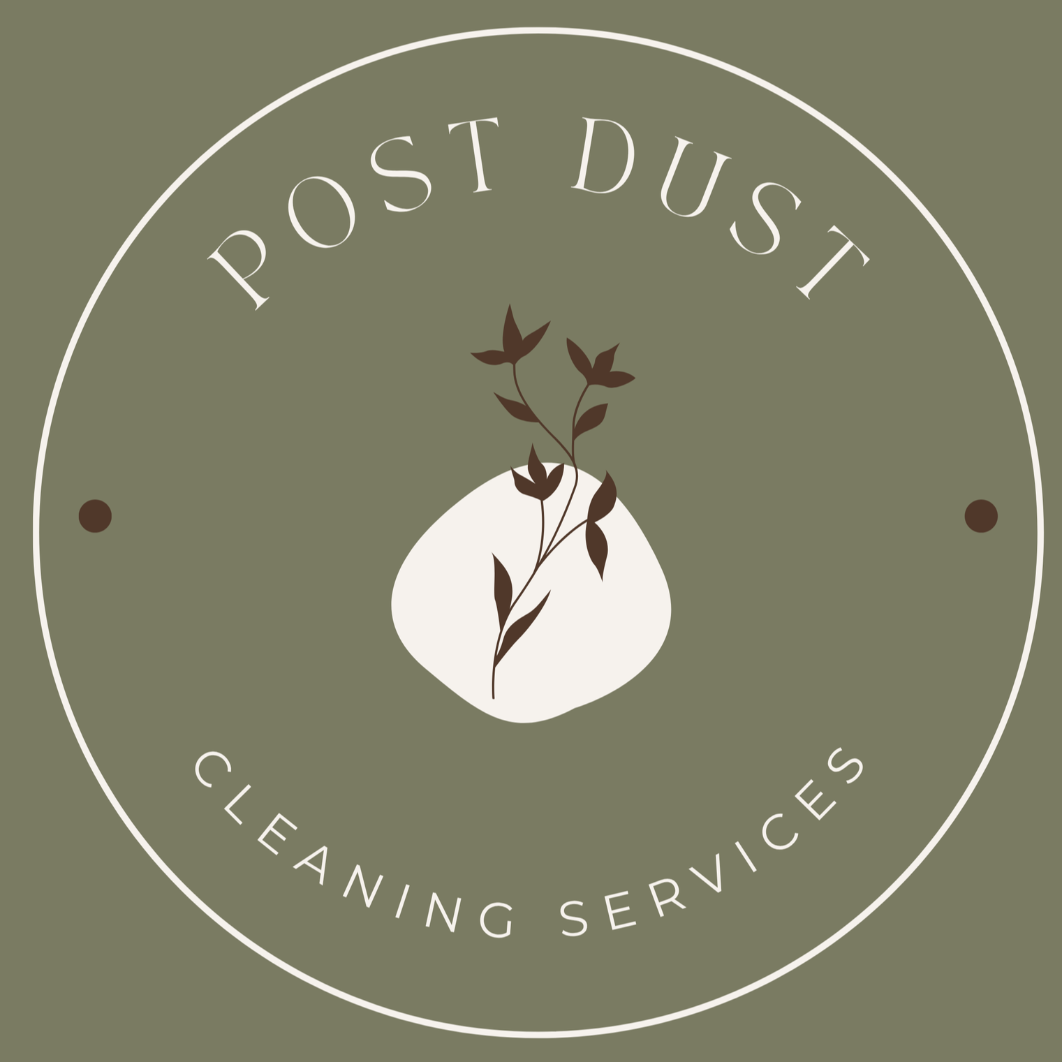 Logo with the text 'Post Dust Cleaning Services' arranged in a circular design, featuring a sprig of leaves in the center on a green background.