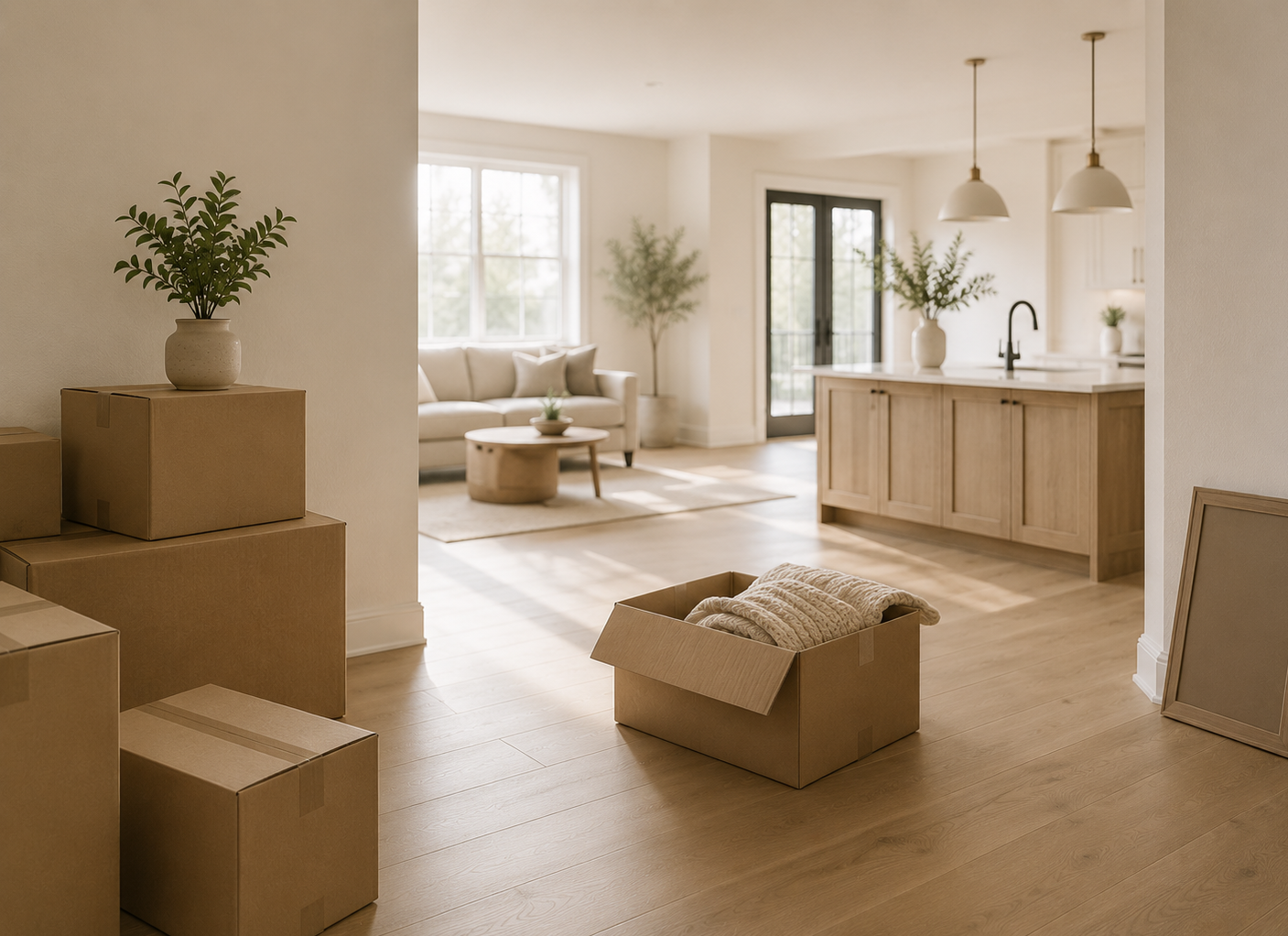 Living room with moving boxes, a beige sofa, wooden coffee table, potted plants, and an open kitchen with light wood cabinets and pendant lighting.