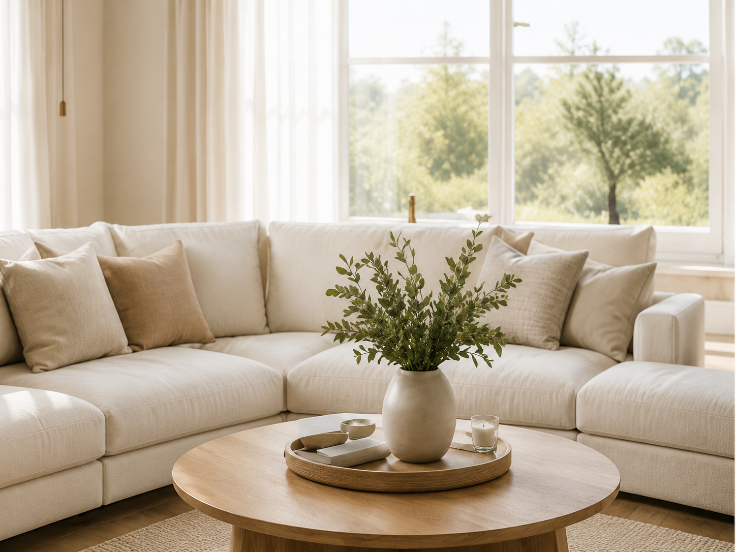 Living room with a beige sectional sofa, beige and tan pillows, a round wooden coffee table with a large white vase and green leafy plant, and large windows with views of trees outside.